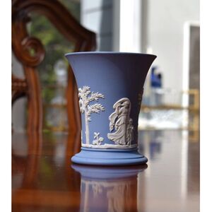Wedgwood Blue Jasperware Trumpet Vase Neoclassical Dancing Figure England - 4"